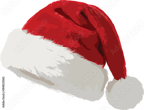 Classic red Santa hat with fluffy white fur trim isolated on white background festive Christmas holiday vector illustration
