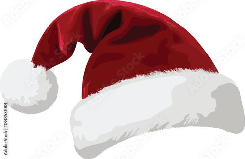 Classic red Santa hat with fluffy white fur trim isolated on white background festive Christmas holiday vector illustration