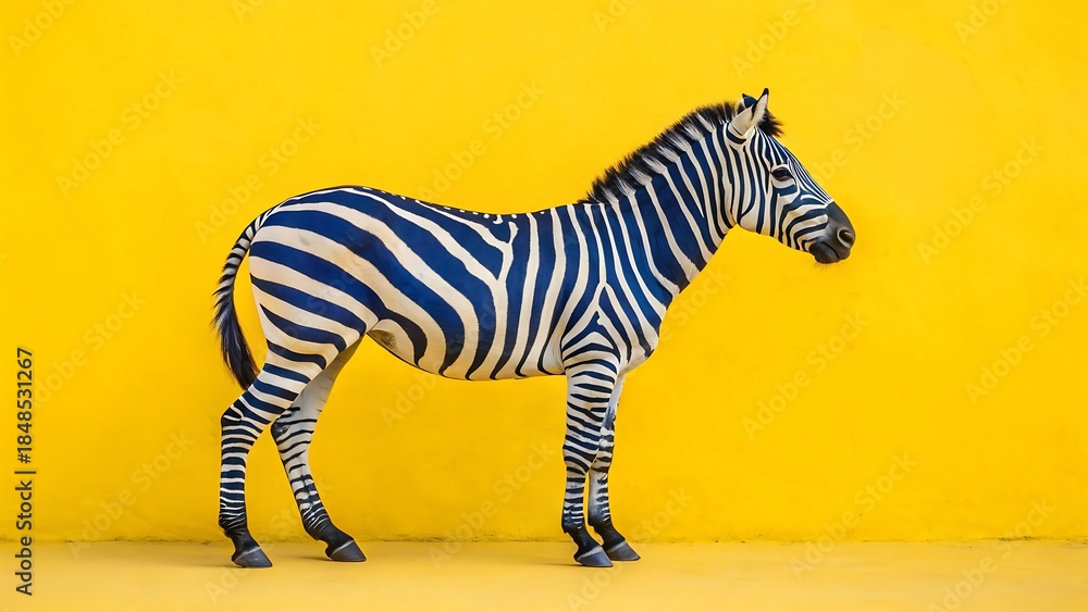 Fototapeta premium Zebra on Yellow: A solitary zebra, adorned with striking black and white stripes, stands boldly against a vibrant yellow backdrop, presenting a stunning contrast of colors and textures.