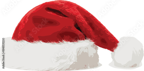 Red Santa hat with fluffy white fur trim isolated on white background festive Christmas holiday vector illustration winter accessory