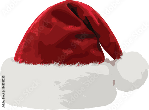 Red Santa hat with fluffy white fur trim isolated on white background festive Christmas holiday vector illustration accessory