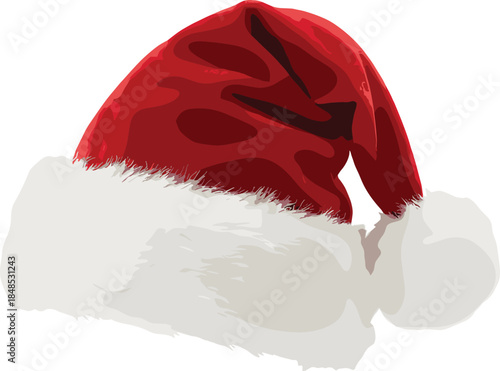 Classic red Santa hat with soft white fur trim isolated on white background festive Christmas holiday vector illustration