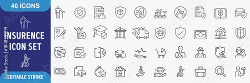 Insurance icon set. Contain icons related to Insurance, protection, care, safety, assurance. Outline Icon Collection. Editable stroke. Vector illustration