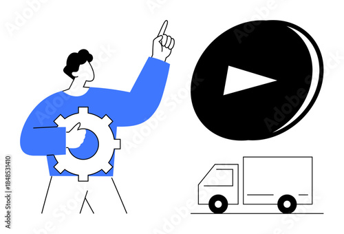 Logistics, automation, technology, delivery, multimedia, process optimization. Person holding gear points upward, play button and truck icons alongside. Logistics and automation concept