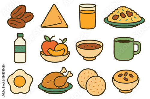Ramadan Iftar food icons set with dates, samosa, roast chicken, fruits, and traditional meal, flat vector illustration.