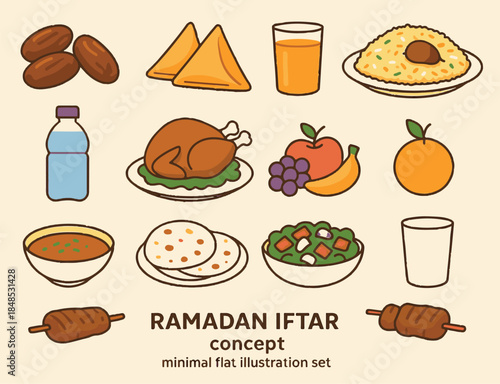 Ramadan iftar food collection with dates, samosa, biryani, fruits, chicken roast and traditional snacks, minimal flat vector illustration icon set.