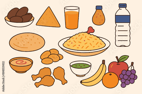 Ramadan iftar food collection with dates, fried snacks, biryani, fruits, and traditional beverages, flat vector illustration.