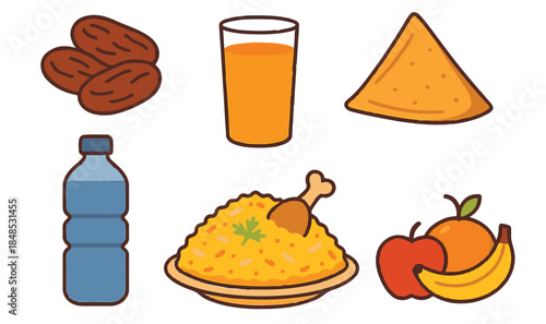 Ramadan Iftar food collection with dates, samosa, biryani, chicken, fruits, and traditional snacks set, flat vector illustration.