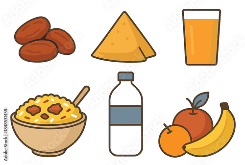 Ramadan Iftar food collection with dates, samosa, biryani, fruits, and traditional snacks set, flat vector illustration.