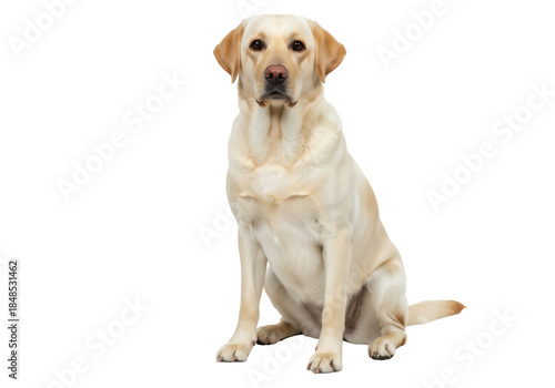 Golden Labrador Retriever sitting isolated PNG on transparent background, adorable purebred dog with light yellow fur and kind expression