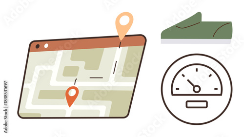 Map with location pins, speedometer, and sneaker highlight navigation, travel, sports, fitness, speed monitoring, journey planning, and technology for an easy-to-understand flat metaphor