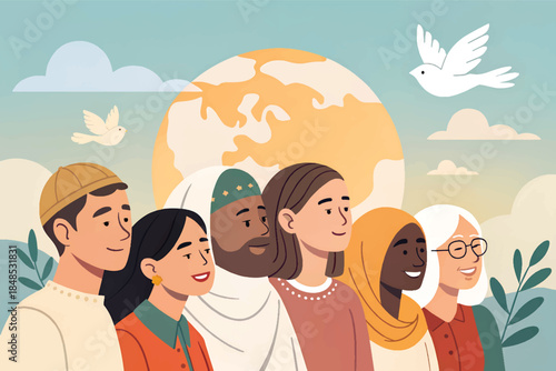 Cultural Diversity and Global Peace ? United People with Globe and Doves.eps