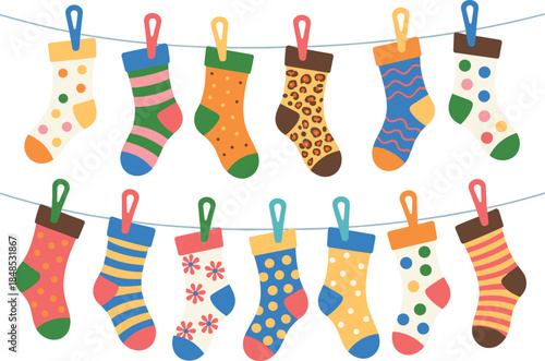 Colorful socks on clothesline, hanging laundry illustration, patterned sock collection, fashion accessory design, festive footwear vector, cute drying sock art