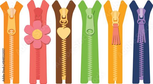 Colorful zippers, fashion fasteners, zipper pull designs, sewing accessories, textile hardware, garment closures, zipper collection, crafting supplies, zipper styles, 