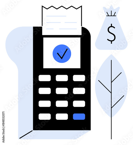 Digital payment terminal with printed receipt, checkmark icon, money bag, and growing plant. Ideal for finance, cashless payment, savings, fintech, e-commerce budgeting sustainability