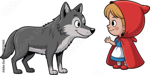 Cute Cartoon Little Red Riding Hood Girl Waving to Friendly Gray Wolf, Vector Illustration Isolated on White Background for Children Fairy Tale Book Design