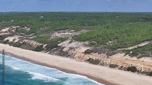 Wallpaper Mural Sand dunes, banded cliffs, cork oak trees and Atlantic Ocean at beautiful rugged and wild beach on Alentejo Coast, Portugal, Europe. Aerial drone establishing shot Torontodigital.ca