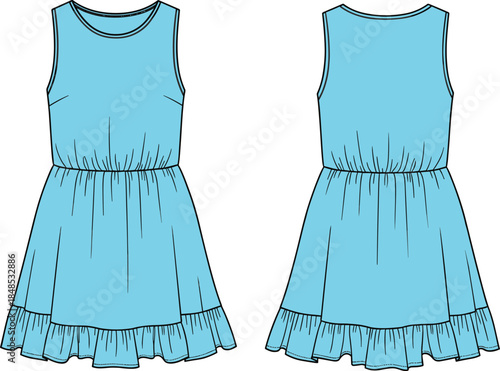 Sleeveless dress technical sketch, light blue color, round neckline, fitted bodice, gathered waist, ruffled hem, front back view, fashion design template