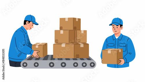 Warehouse workers handling cardboard boxes on a conveyor belt system efficiently