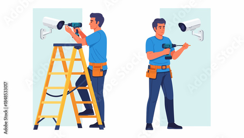 Technician installing security cameras on a ladder and standing on the floor holding another camera