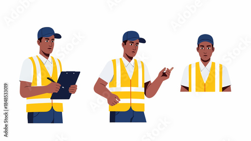 Man in yellow safety vest working on a project with various poses and expressions