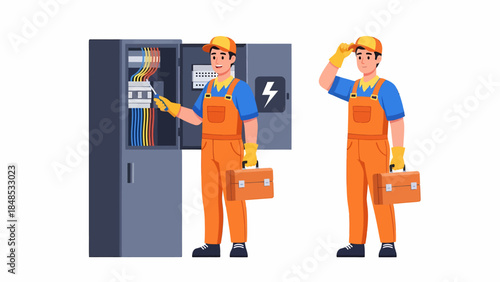 Two electricians working on an electrical panel with one inspecting and the other saluting