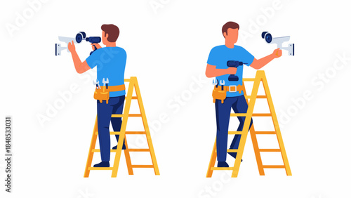 Two technicians installing security cameras on ladders at a commercial site