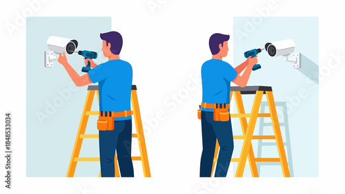Technician installing security cameras on ladders in an indoor setting