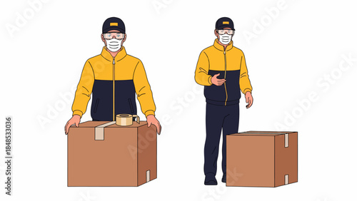 Delivery personnel handling packages with care and attention to detail in a warehouse setting from a straightforward viewpoint