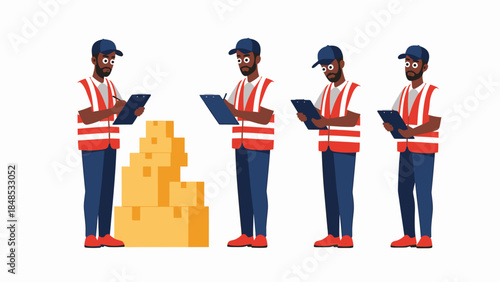 Warehouse workers in safety vests examining inventory on digital tablets beside a stack of gold bars