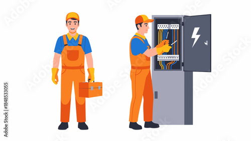 Electricians working on an electrical panel with tools in a industrial setting