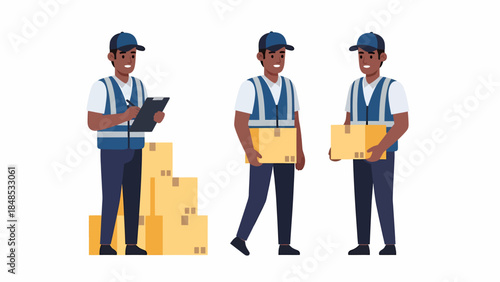 Delivery personnel handling packages in a warehouse environment