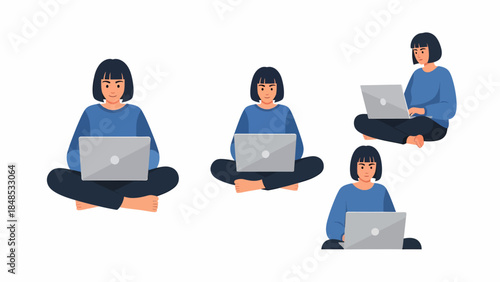 A woman working on her laptop in different sitting positions on a plain white background