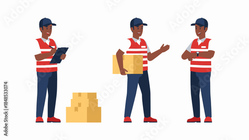 Delivery personnel handling packages in a warehouse environment