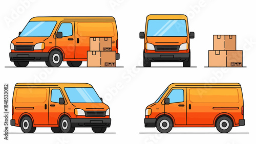 Illustrations of orange vans with boxes in various viewpoints on a white background