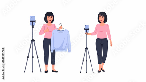 Woman showcasing clothing items in front of camera equipment for a product photography session
