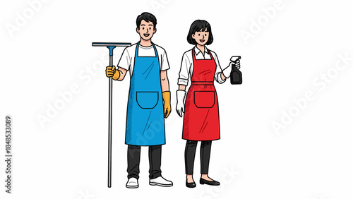 Two janitors standing together holding mops and cleaning equipment