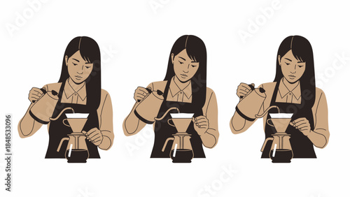 Illustration of a woman preparing coffee in three different stages, focusing on her actions and attire