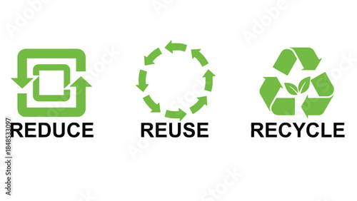 Reduce, Reuse, Recycle symbols are displayed against a white background.