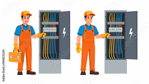 Cartoon illustration of an electrician working on an electrical panel with wires and circuit breakers.