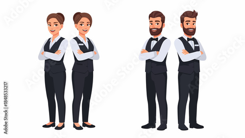 Smiling cartoon men and women in professional service uniforms with arms crossed.