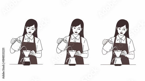 A woman barista demonstrating the step-by-step process of making pour-over coffee with a kettle and dripper.