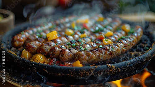 Fototapeta Naklejka Na Ścianę i Meble -  Grilled sausages sizzling on hot skillet with vegetables