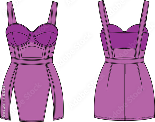 Structured dress illustration, pink purple color, corset bodice, wide straps, side slits, fitted silhouette, front back view, fashion design, garment sketch