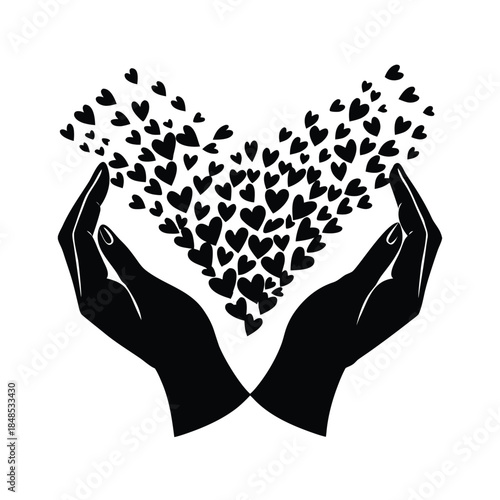 Black silhouette of hands cupping a heart made of many small hearts holding caring