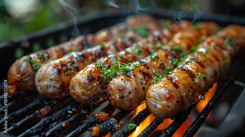 Fototapeta Naklejka Na Ścianę i Meble -  Sizzling sausages on a grill with herbs and spices