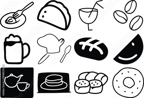 Hand Drawn Food & Drink Icons Set – Bakery, Coffee, Breakfast Doodles