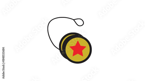 A yellow yo-yo with a red star on a white background.