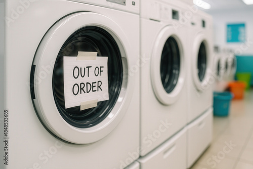 Washing Machine With Out Of Order Note In Modern Laundromat Interior