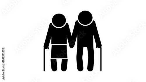 Elderly couple holding hands with walking canes on a white background.